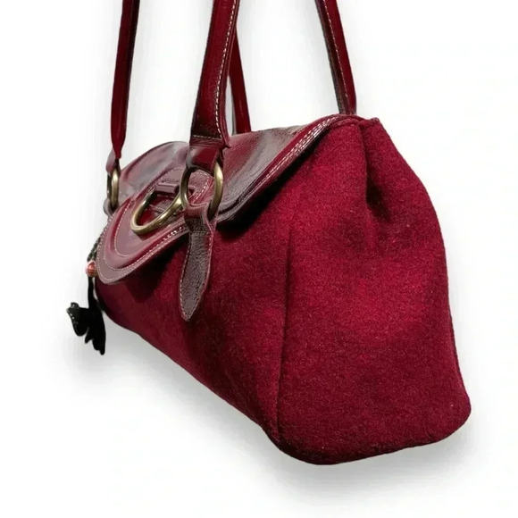 Sofia C Italian Felted Wool Cherry Red Patent Leather Autumn Fall Shoulder Bag - Picture 7 of 12